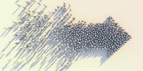 Leadership and successful business ideas concept 3d rendering of crowd 3d low polygon people arrow shape form walk together on white floor color tone image