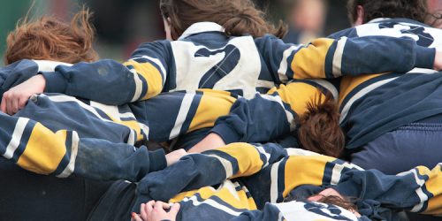 Detail of rugby players during scrum.