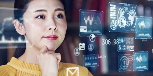 System engineering concept. Female programmer. Software development. Digital transformation.