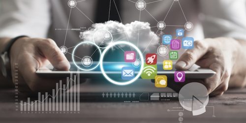 ipad with app icons floating above it and a cloud
